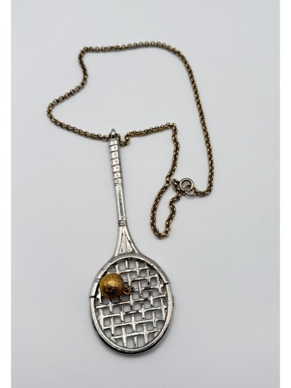 Vintage Tennis Racket Large Pendant Necklace 18" Gold and Silver Tone Sports 80s - Picture 6 of 7